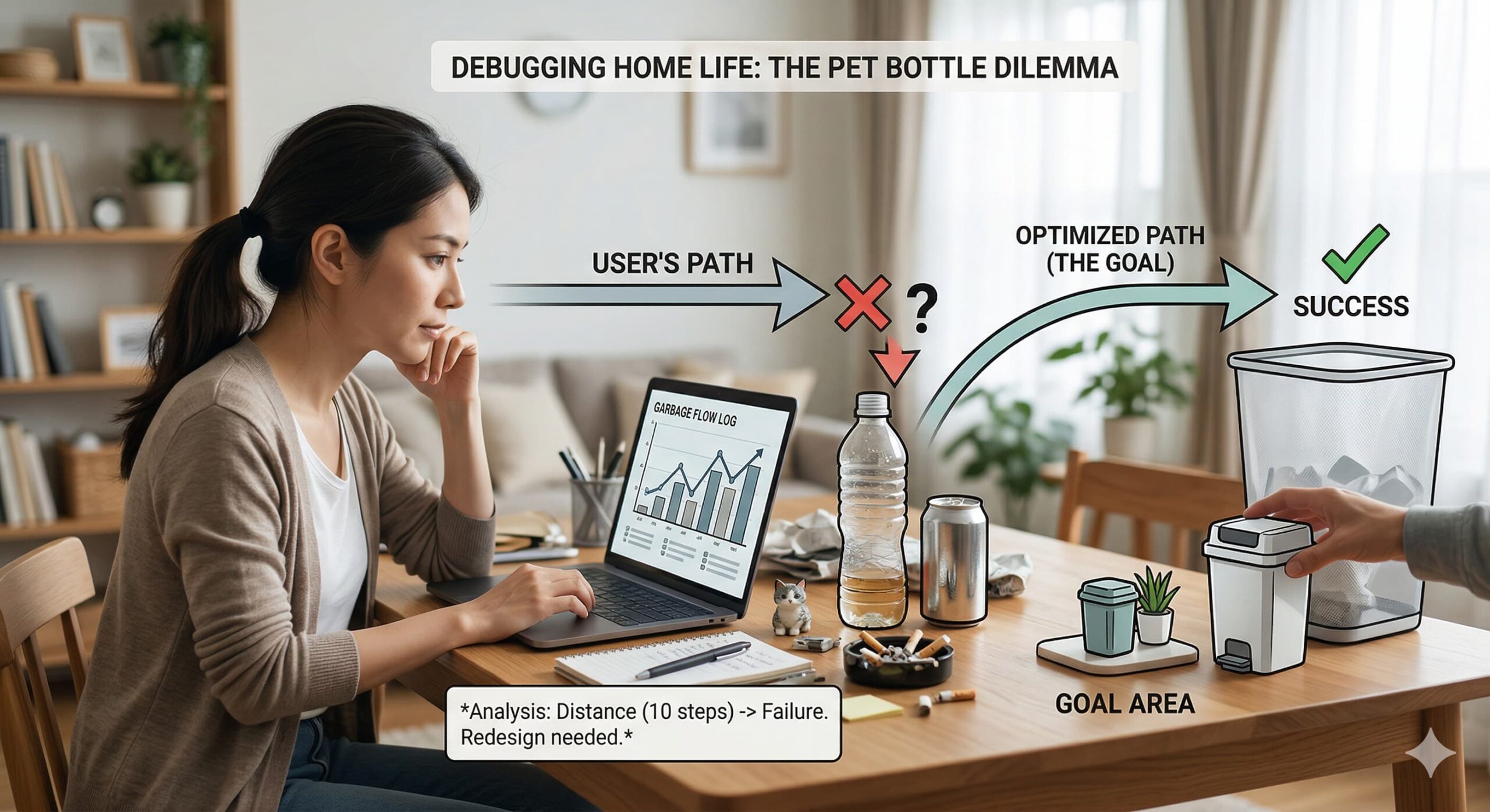 散らかったテーブルで、パソコンを使って論理的にゴミの「家事動線」をデバッグしている女性エンジニア